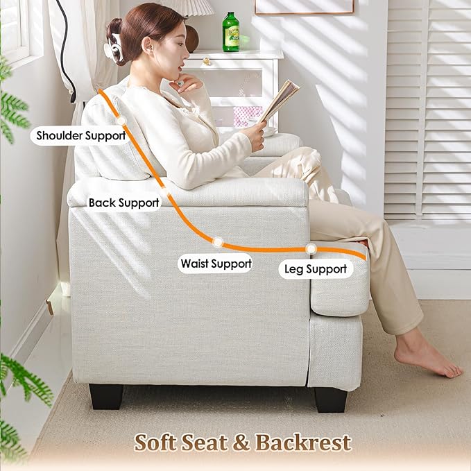 Oversized Accent Chair with Armrest Storage,38”W Big Armchair with 7.8'' Thick Cushion,Deep Seat,Large Comfy Reading Chair, Living Room Chairs,Sofa Chair for Bedroom,Linen