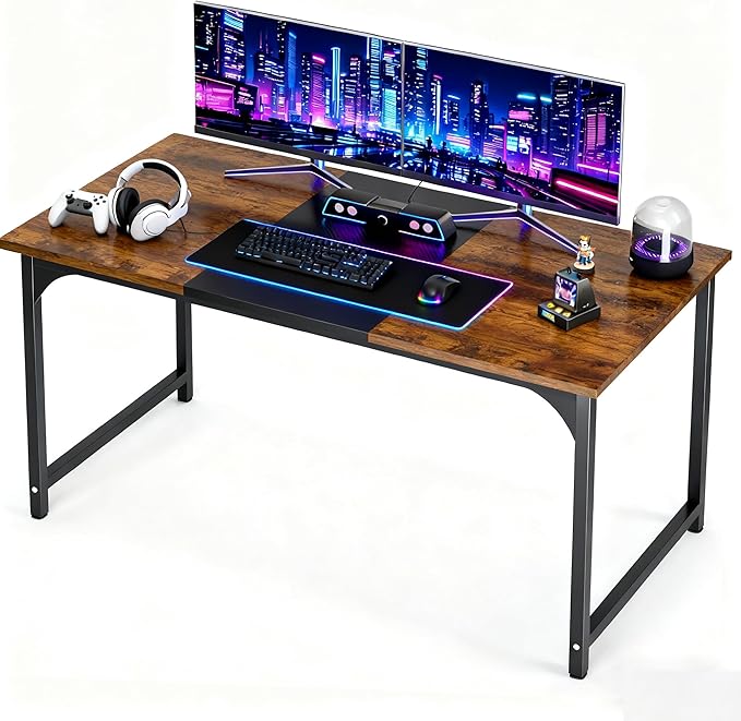 47inch Computer Desk with Deeper Carbon Fiber Desktop, Gaming Office Desk with Sturdy Metal Frame,Home Office Desk for Gaming, Working, Studying, Rustic Brown