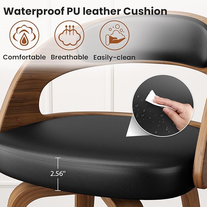 Swivel Bar Stools Set of 2, 26" Counter Height Bentwood Barstool, Mid-Century Modern PU Leather Upholstered Bar Chair with Back and Footrest, for Kitchen Island, Bar, Dining Room, Cafe, Black