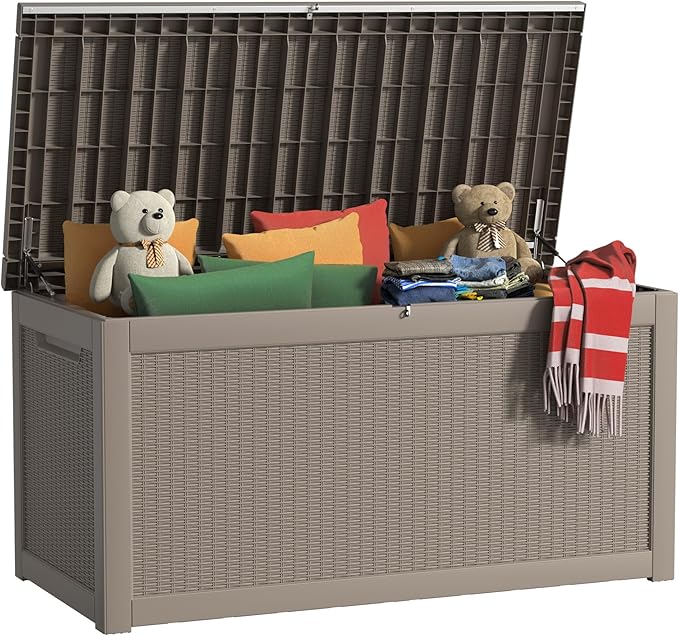 260 Gallon Outdoor Storage Box Waterproof, UV Resistant Resin Deck Box with Hydraulic Rod, Reinforced Stability for Patio, Garden, Rattan Gray