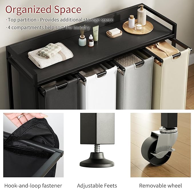 Laundry Hamper with Shelf, Laundry Basket 4 Section, Laundry Sorter with Pull-Out Removable Large 4 Color Bags and Movable Wheels, Metal Frame, 4 x 15.87 Gallons (60L), Black PF07XLK