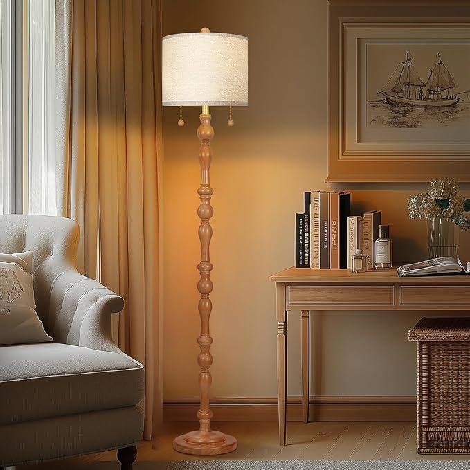 65.5" Natural Real Wood Floor Lamp with S Cluster Pull Chains Dual Switch,Wood Base Tall Lamp,Farmhouse Standing Lamp for Living Room,with Linen Shade,Floor Lamp for Living Room,Bedroom(Bulb Included)