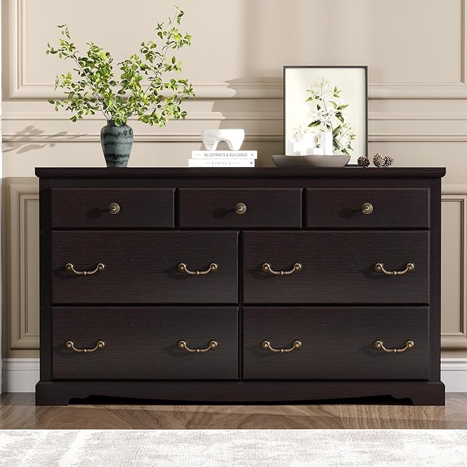 Farmhouse 7 Chest of Drawers for Bedroom, 54" Wide Wood Dresser with Bronze Retro Handles & 3D Drawer Fronts, Closet Dresser for Bedroom, Hallway, Espresso