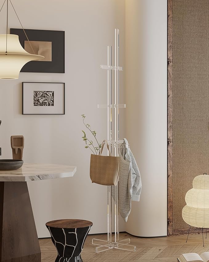 Modern Coat Rack, Freestanding Acrylic Coat Racks with 10 Hooks for Hats, Clothes,Coats, Scarves, Handbags in Bedroom, Hallway, Entrance, Office and Living Room, Easily Assemble, 72.83"H, Clear