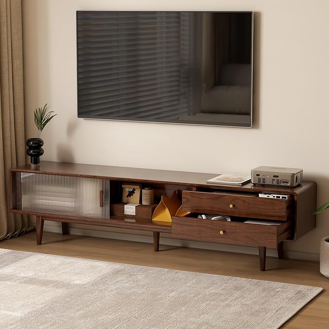 70.87" L Solid Oak Wood TV Stand for 70-85 Inch TVs, Glass Sliding Door TV Console with 3 Drawers and 2 Storage Cabinets, Entertainment Center with Storage TV Stands for Living Room (Walnut Color)