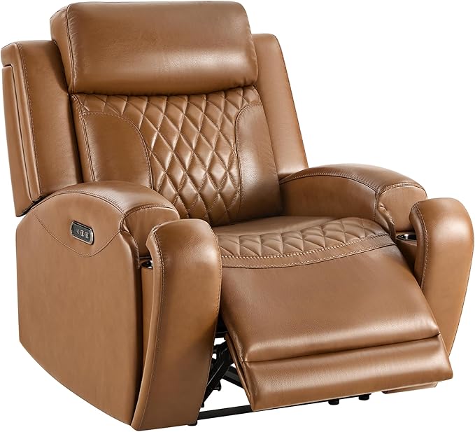 CHITA Genuine Leather Recliner Chair for Adults with Adjustable Power Headrest, Lay Flat Power Recliner with Slide-Out Cupholders & USB/Type-C Ports, Living Room Chair, Saddle