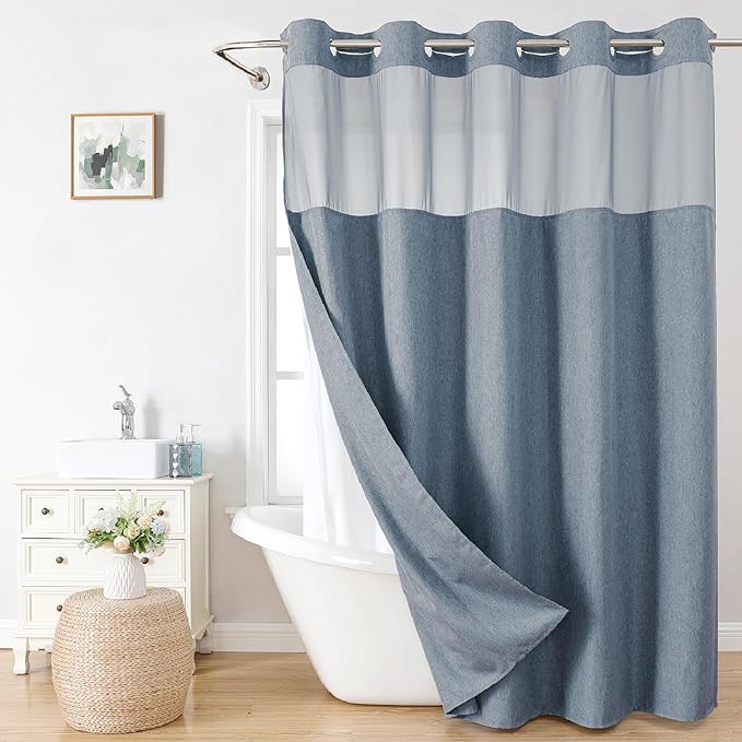 Extra Long No Hooks Needed Linen Textured Shower Curtain with Snap-in Fabric Liner Set,Blue Grey Hotel Luxury Decor Shower Curtains for Bathroom,Waterproof & Washable,71Wx86H