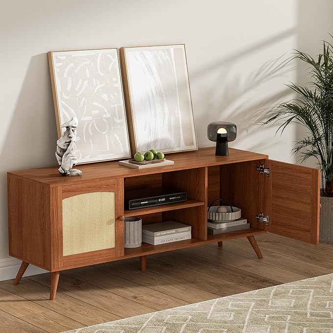Brown Rattan TV Stand for 60 Inch TV, Wooden Mid Century Modern Entertainment Center with Natural Rattan Door, Boho Media TV Console for Living Room