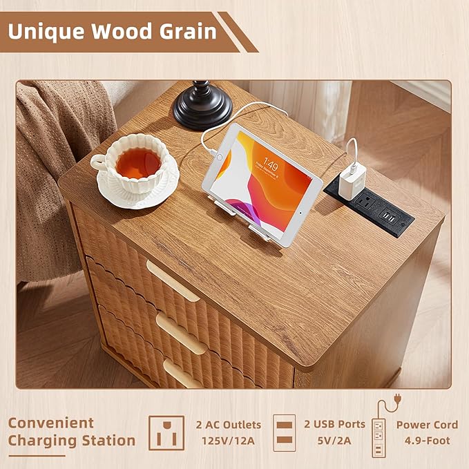 LEYAOYAO 23" Wide Fluted Night Stand with Charging Station, 3 Drawers Large End Table with Storage, Brown Nightstand Wood Bedside Tables, Farmhouse Cabinet Dresser for Bedroom, Living Room,Closet