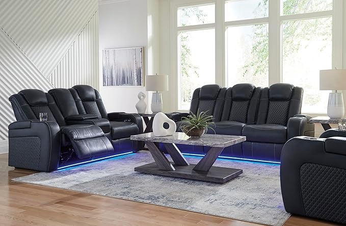 Signature Design by Ashley Fyne-Dyme Contemporary Power Reclining Sofa with USB Charging Ports and Adjustable Headrest, Blue