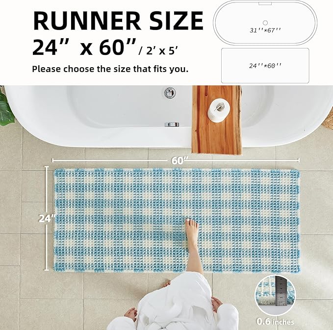 Waffle Runner Rug Bathroom, Long Boho Bathroom Rugs Non Slip Washable Absorbent Checkered Bathroom Mat Quick Dry Cute Bath Mat, 60"x24" Blue and White