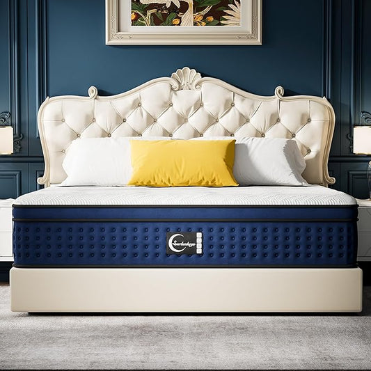 Memory Foam Innerspring Mattress - 14 Inch King Size Mattress for Back Pain Relief, Medium Firm with Reinforced Edge Support, Navy