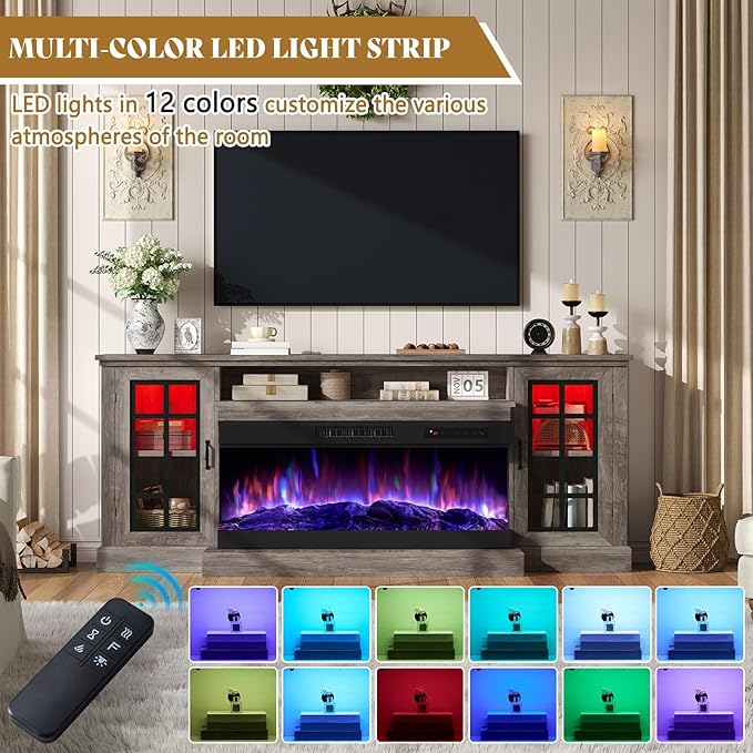 AMERLIFE 75in 3-Sided Glass Fireplace TV Stand with LED Lights for TVs up to 85", Rustic Fireplace Media Entertainment Center Console Cabinet Table with Glass Door Closed Storage, Wash Gray