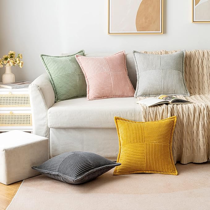 MIULEE Decorative Throw Pillow Covers for Couch Bed Livingroom 20x20 Inch Set of 2 Fall Mustard Yellow Boho Accent Throw Pllows Broadside Striped Patchwork Soft Corduroy Pillowcases