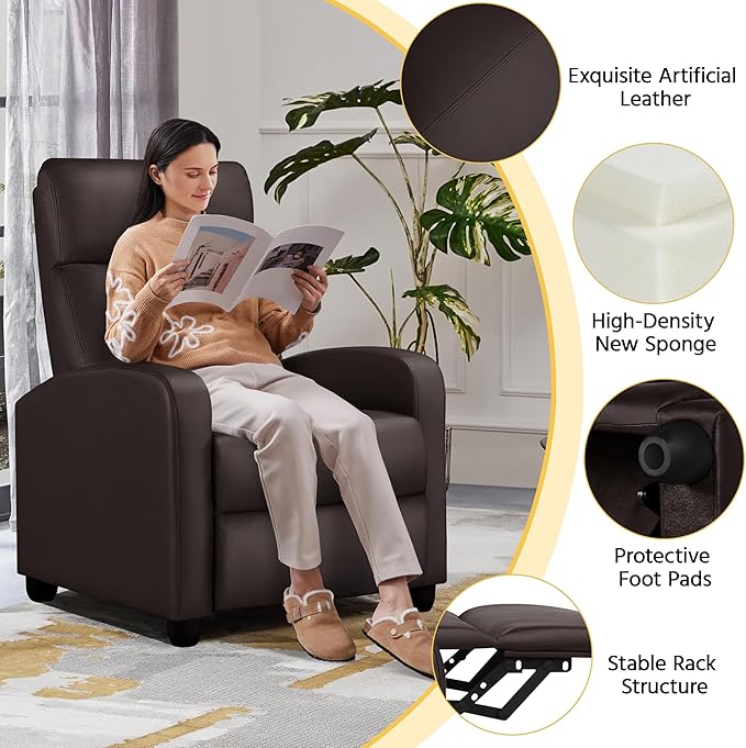 Yaheetech Recliner Chair Faux Leather Recliner Sofa Adjustable Modern Seat Club Chair Home Theater Seating Brown