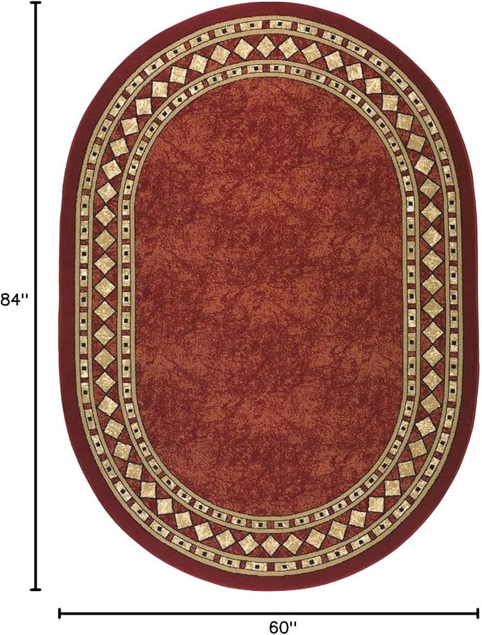 Antep Rugs Alfombras Modern Bordered 5x7 Non-Skid (Non-Slip) Low Profile Pile Rubber Backing Indoor Area Rugs (Maroon Beige, 5' x 7' Oval)