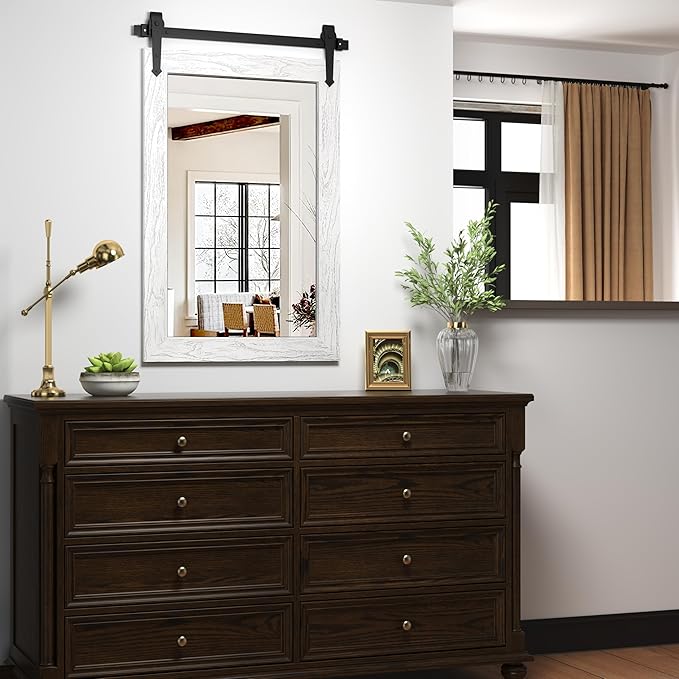 Farmhouse Bathroom Mirrors for Over Sink 26”x40” White Rustic Wall Decor Mirror for Vanity Barn Door Style Wall Mirror for Bathroom Entryway Living Room Bedroom