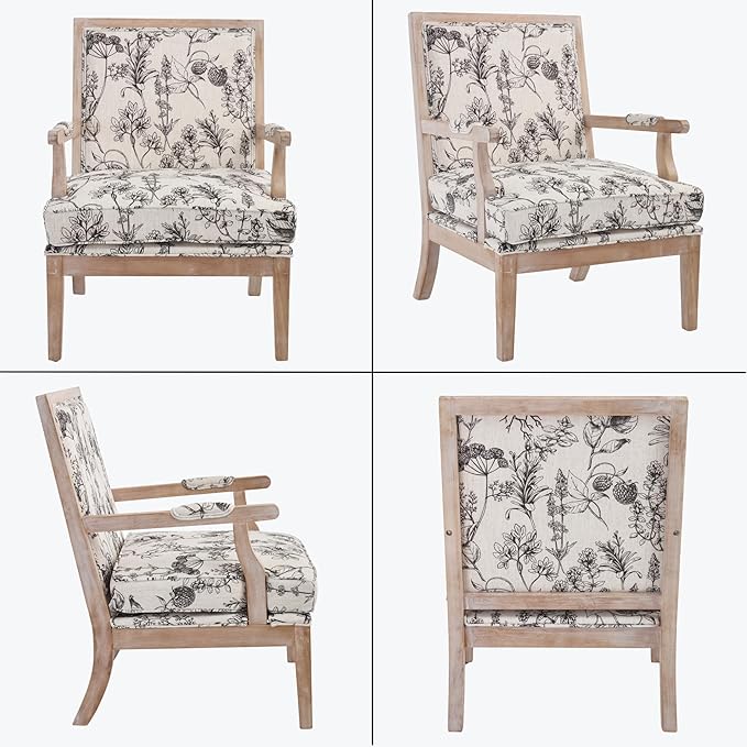 chairus Farmhouse Linen Accent Chair for Living Room, Upholstered Reading Chair with Solid Wood Frame Lounge Arm Chair with High Back for Bedroom, Reception Room, Waiting Room, Floral Pattern