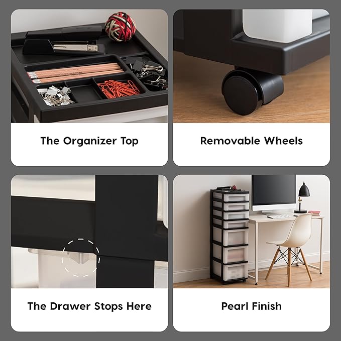 IRIS USA Plastic Drawer Storage Organizer Rolling Cart, with Wheels Casters, 7-Drawers, for Classroom Art Craft Supplies Dresser Closet Bathroom Laundry Room, Black/Pearl