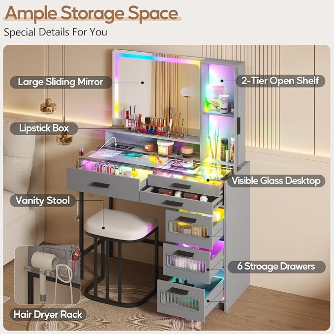 RGB Vanity Desk with Mirror and Lights, Glass Top Makeup Vanity with 6 Drawers & Wireless Charging,Vanity Table Set with RGB Cabinet Light and Jewelry Box, for Girls Bedroom,Grey