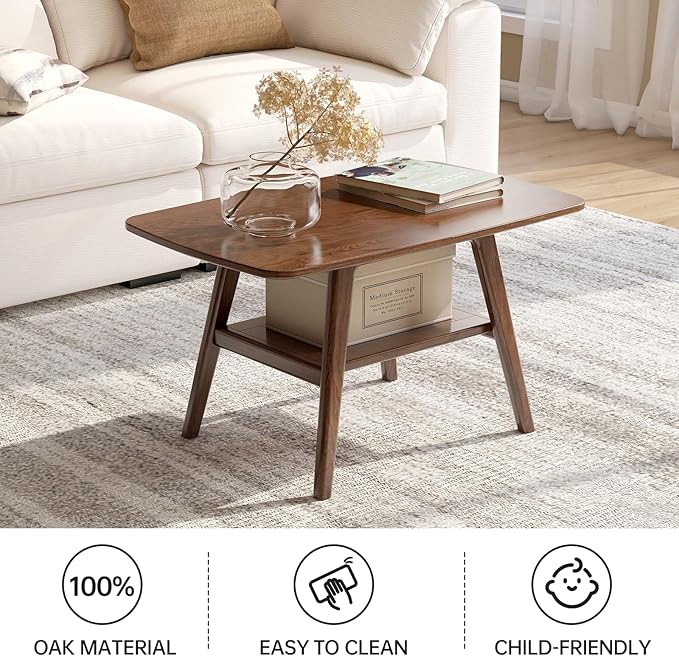 100% Solid Wood Coffee Table for Living Room, 31.5" Mid Century Modern Small Tables with Shelf Storage, Storage Coffee Table with Rounded Corners (Oak Wood Walnut Color, 31.5" L)