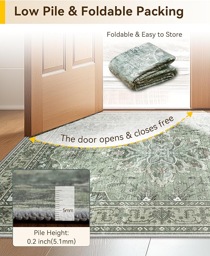 Area Rugs 6ft Washable Non-Slip, Floral Vintage Distress Print Pattern Medallion Carpet for Living Room Bedroom Dining Room, Dark Green Gray