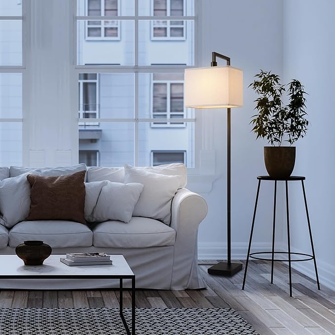 Globe Electric 61000052 60" Floor Lamp, Matte Black, Square White Fabric Shade, On/Off Rotary Switch on Socket, Square Rod, Reading Lamp, Home Office Accessories, Home Décor, Home Improvement