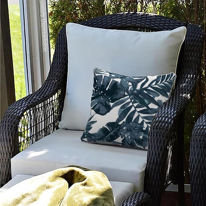 LVTXIII Set of 2 Patio Throw Pillows Waterproof 16"x16" Fade Resistant Outdoor Throw Pillows with Inserts, Fluffy Decorative Garden Toss Pillow Cushions for Home Patio Coach Sofa Use, Palms Blue