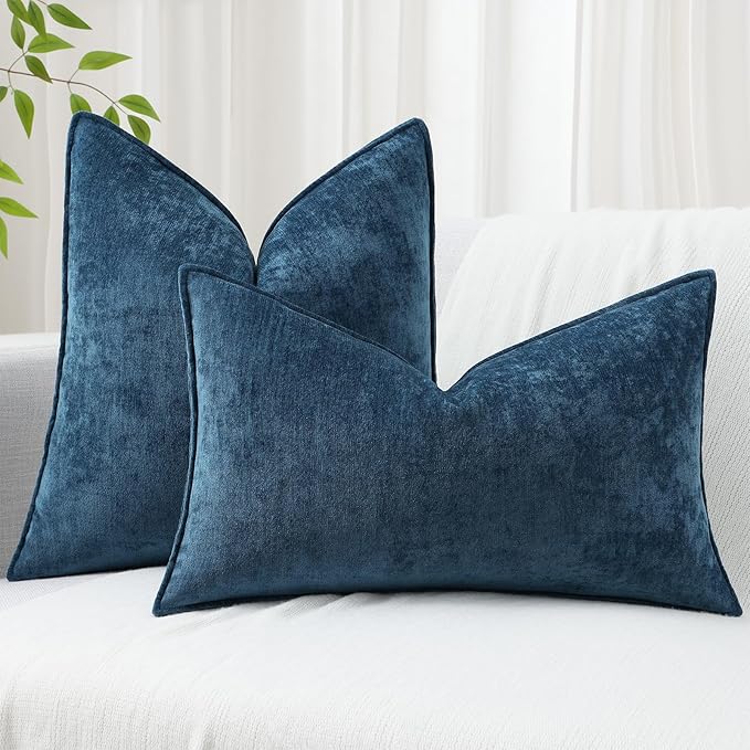 decorUhome Couch Throw Pillow Covers 12x20 Set of 2, Decorative Soft Euro Neutral Chenille Lumbar Pillow Covers with Elegant Design for Sofa Bed Living Room Home Decor, Poseidon