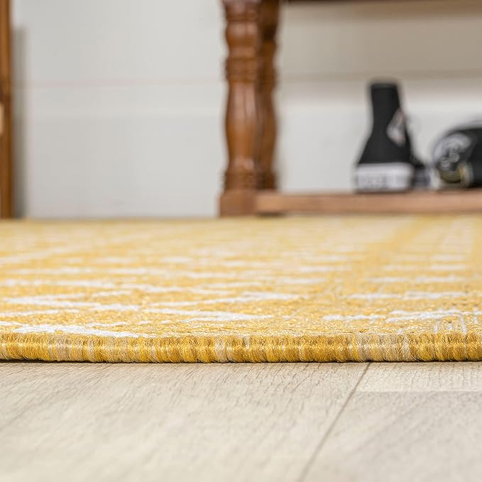JONATHAN Y SMB108G-5R Ourika Moroccan Geometric Textured Weave Indoor Outdoor Area Rug, Coastal, Bohemian, Modern Easy-Cleaning,Bedroom,Kitchen,Backyard,Patio,Non Shedding, Yellow/Cream, 5' Round