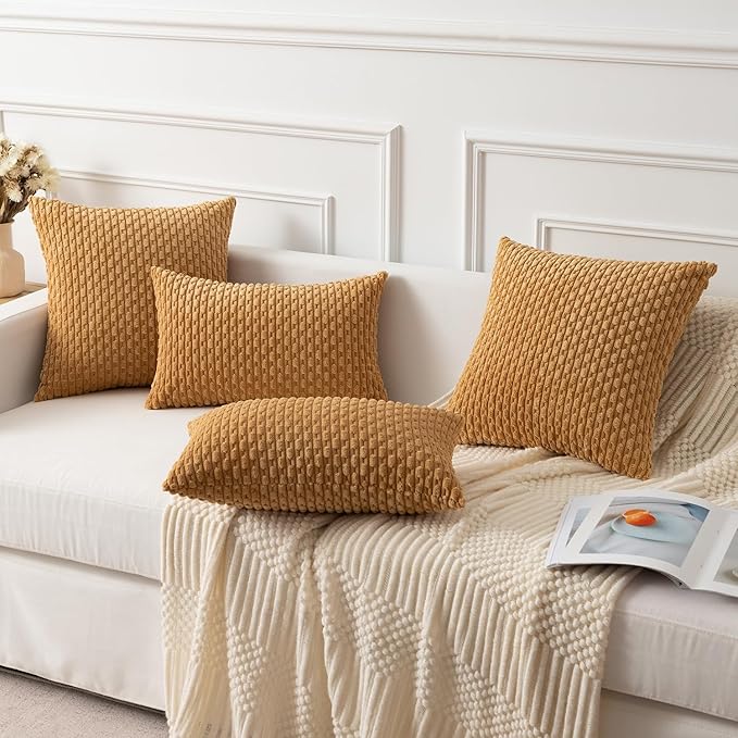 Kevin Textile Throw Pillow Covers Soft Corduroy Decorative Set of 2 Boho Striped Pillow Covers Pillowcases Farmhouse Home Decor for Couch Bed Sofa Living Room 20x20 Inch Gold