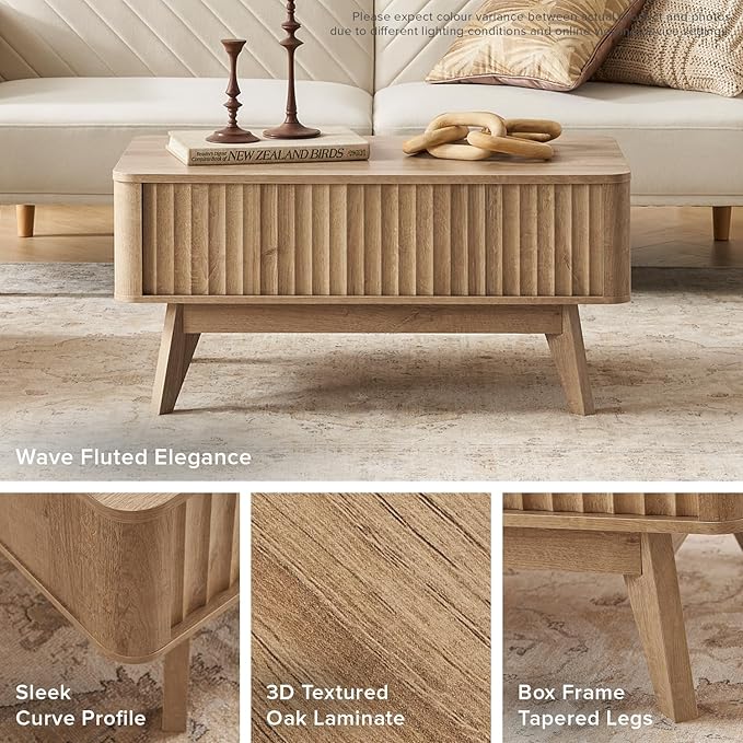 mopio Brooklyn Coffee Table, Lift Top Coffee Tables for Living Room, Mid Century, Modern Farmhouse Center Table with Lifting Top & Hidden Storage, Fluted Panel, Rising Pull Up (Oak Fluted)