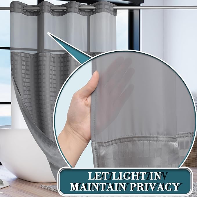 Conbo Mio Stall No Hook Shower Curtain with Snap in Liner Set, Hotel Luxury Grey Shower Curtains for Bathroom with See Through Top Window, Waterproof, Washable 54W x 74H