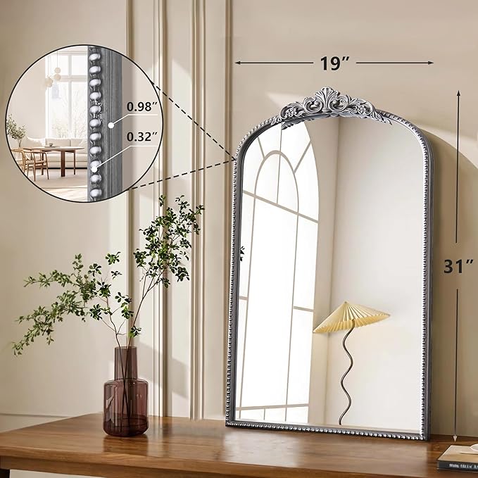 Micasso Arched Mirror, Traditional Vintage Ornate Mirror, 31" x 19" Antique Baroque Silver Wall Mirror for Bathroom Bedroom Living Room