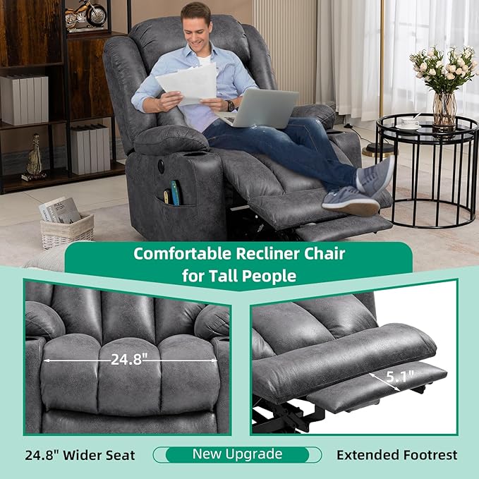 VIVIJASON Tall Man Large Power Lift Recliner Chair with Massage and Heat for Elderly, Overstuffed Wide Electric Lift Recliner with Extended Footrest, 2 Cup Holder, Side Pockets & USB Ports (Grey)