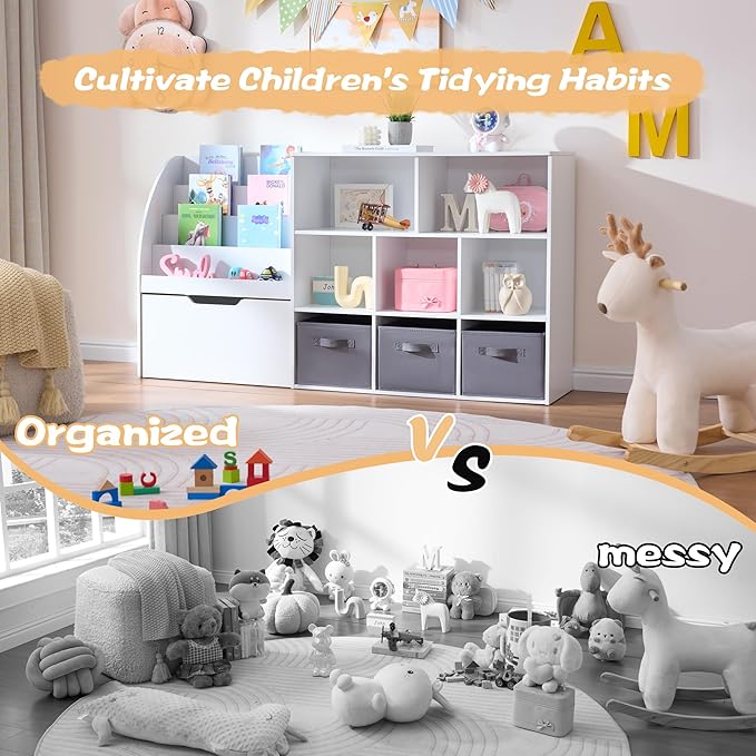 Kids Bookshelf and Toy Storage, 58.5’’ Toy Storage Organizer with Movable Chests & 3 Storage Bins, Large Kids Reading Nook Toy Organizers and Storage with 5 Cubbies for Playroom, Bedroom, White