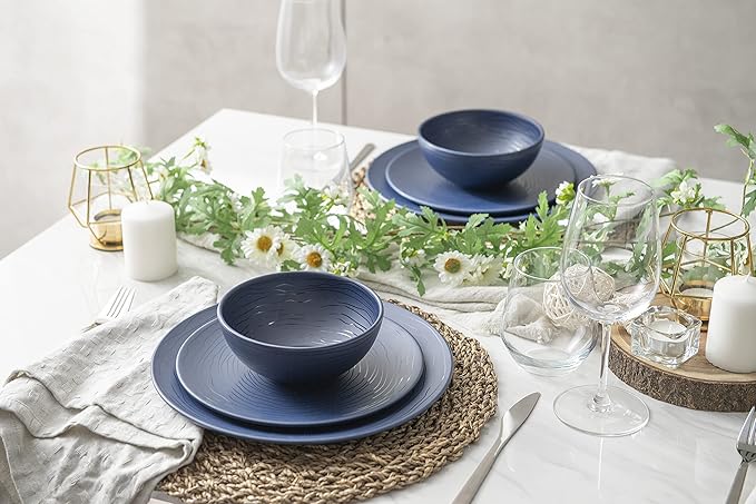 Bzyoo 12 Piece Melamine Dinnerware Set - Durable, Dishwasher Safe, Organica Navy Blue Plates and Bowls Sets Casual Dish Set for Dining, Outdoor and Kitchen