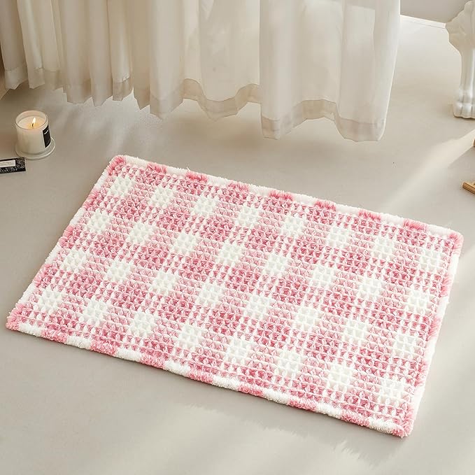 Waffle Bath Mat, Boho Bathroom Rugs Non Slip Washable Absorbent Checkered Bathroom Mat Quick Dry Cute Bath Mat, 30"x20" Pink and White