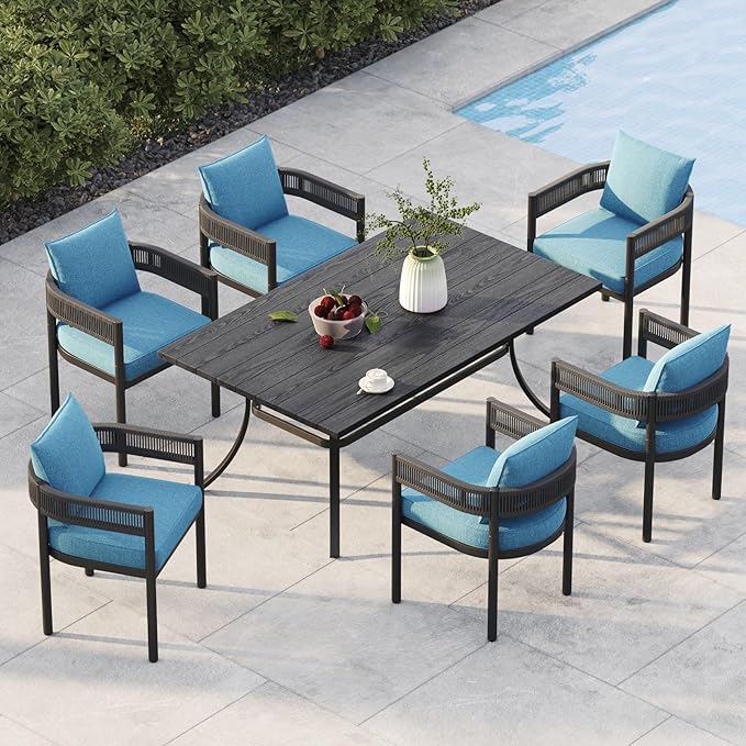 Grand patio Outdoor Dining Set, 7-Piece Patio Table and Chairs Set, Metal Woven Wicker Fixed Patio Chairs with Thickened Cushions & 1 Rectangular Woodgrain Dining Table with Umbrella Hole (Brown)