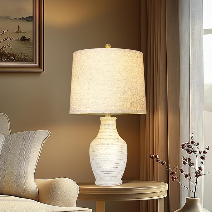 23" White Washed Ceramic Table Lamps Set of 2 with 3-Way Dimmable Bulb,Rotary Switch,Lamps for Living Room,Bedside Lamp with Linen Shade,Nightstand Lamps of 2 for Living Room Bedroom(Bulb Included)