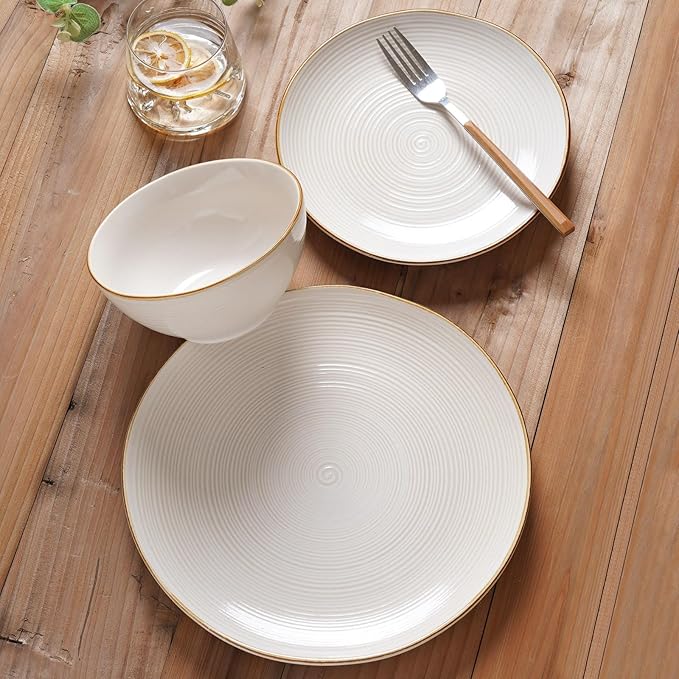 famiware Tempus Plates and Bowls Sets for 8, 24 Pieces Stoneware Dinnerware Sets, Dishes Set, Reactive Glaze Dishware Sets, Dishwasher & Microwave Safe - Antique White