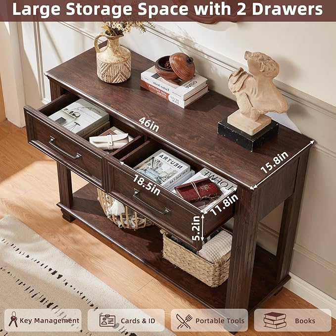 Farmhouse 46" Console Table with 2 Drawers, Rustic Wood 2 Tier Entryway Table with Open Storage Shelf for Entry, Large Mid-Century Vintage Sofa Tables Behind Couch for Living Room, Walnut