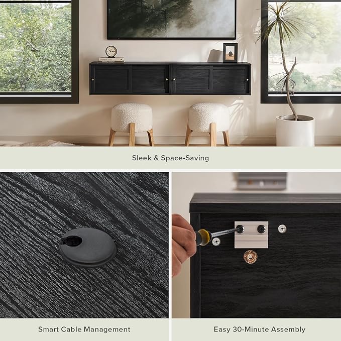 mopio Lauren Floating TV Shelf, Multi-Purpose Modular Under TV Display Shelf, Wall Mounted Wood Television Cabinet, Nightstand, Side Table, End Table, Bedside Shelves for Bedroom (Black, 62", Twin)