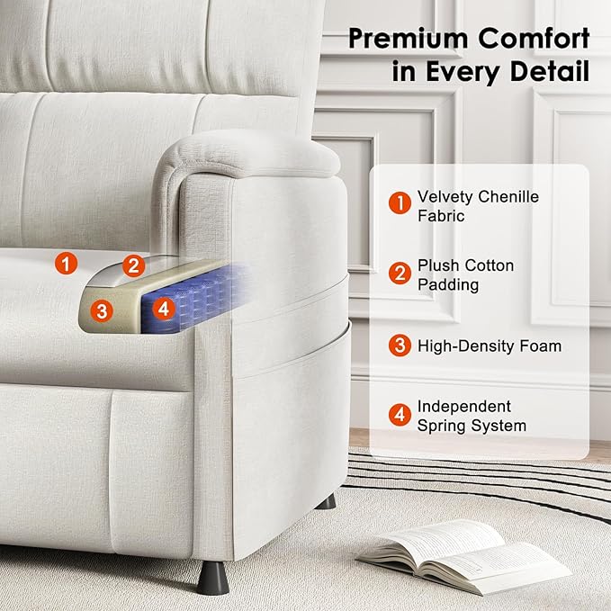 Amada Power Recliner Chair for Adults, Chenille Electric Reclining Chair for Small Spaces with Remote & Side Pockets, Thick Seat Cushion for Home Theater, RV, Living Room & Bedroom (White)