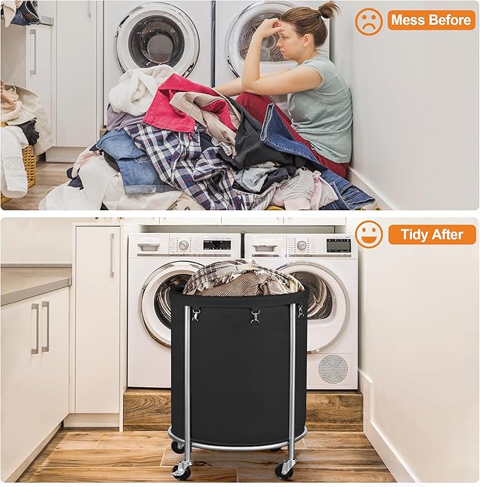 ELYKEN Laundry Hamper on Wheels, 23.6" Diameter 170L Large Capacity Laundry Basket with Removable Liner Bag, Easy Rolling Clothes Cart with 4 Casters and 2 Brakes, Sturdy Metal Frame, Black