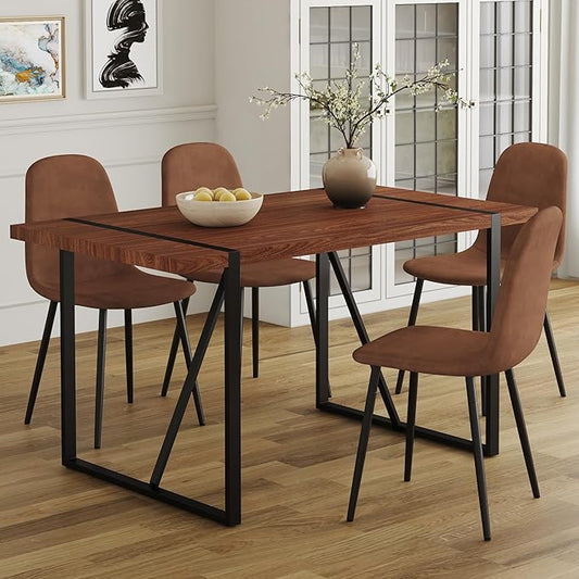 Dining Table Chairs Set for 4, Modern Rectangular Dining Room Table Set PU Leather Upholstered Dining Chairs 55" Dinner Table Set for Kitchen, Dining Room (55 inch Table + 4 Brown Chairs)