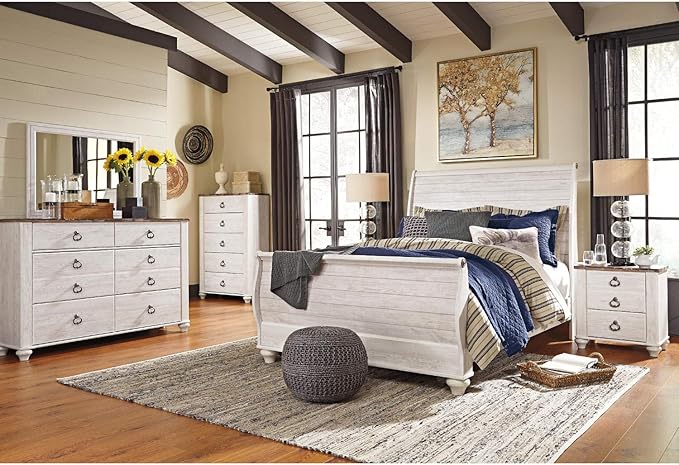Signature Design by Ashley Willowton Cottage Farmhouse Sleigh Headboard ONLY, Queen, Whitewash