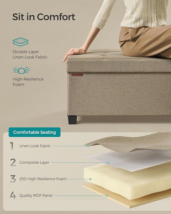 SONGMICS Storage Ottoman Bench, Foldable Foot Rest with Legs, 15 x 43 x 15.7 Inches, End of Bed Bench, Storage Chest, Load up to 660 lb, for Living Room, Bedroom, Entryway, Camel Brown ULSF018K01