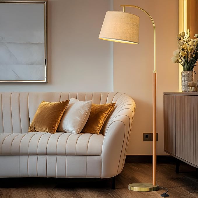 62.5" Gold Floor Lamp for Living Room Dimmable Standing Lamp with Remote & Foot Switch, 3 Color Temperatures Arc Tall Lamp Wood Mid Century Modern Floor Lamps for Bedroom Office, 9W Bulb Included