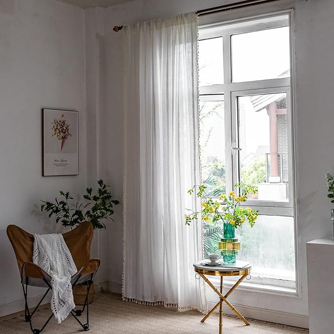 Boho Curtains Embroidery Linen Curtains 96 Inches Long 2 Pannels for Bedroom Off White Country Farmhouse Curtains Light Filtering Curtains for Living Room Rod Pocket Drapes(52" W x 96" L,White)